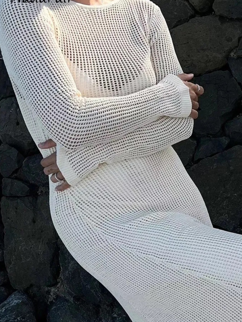 WHITE LONG SLEEVE OPEN KNIT CROCHET DEEP V BACK MAXI BODYCON DRESS COVERUP SZ M